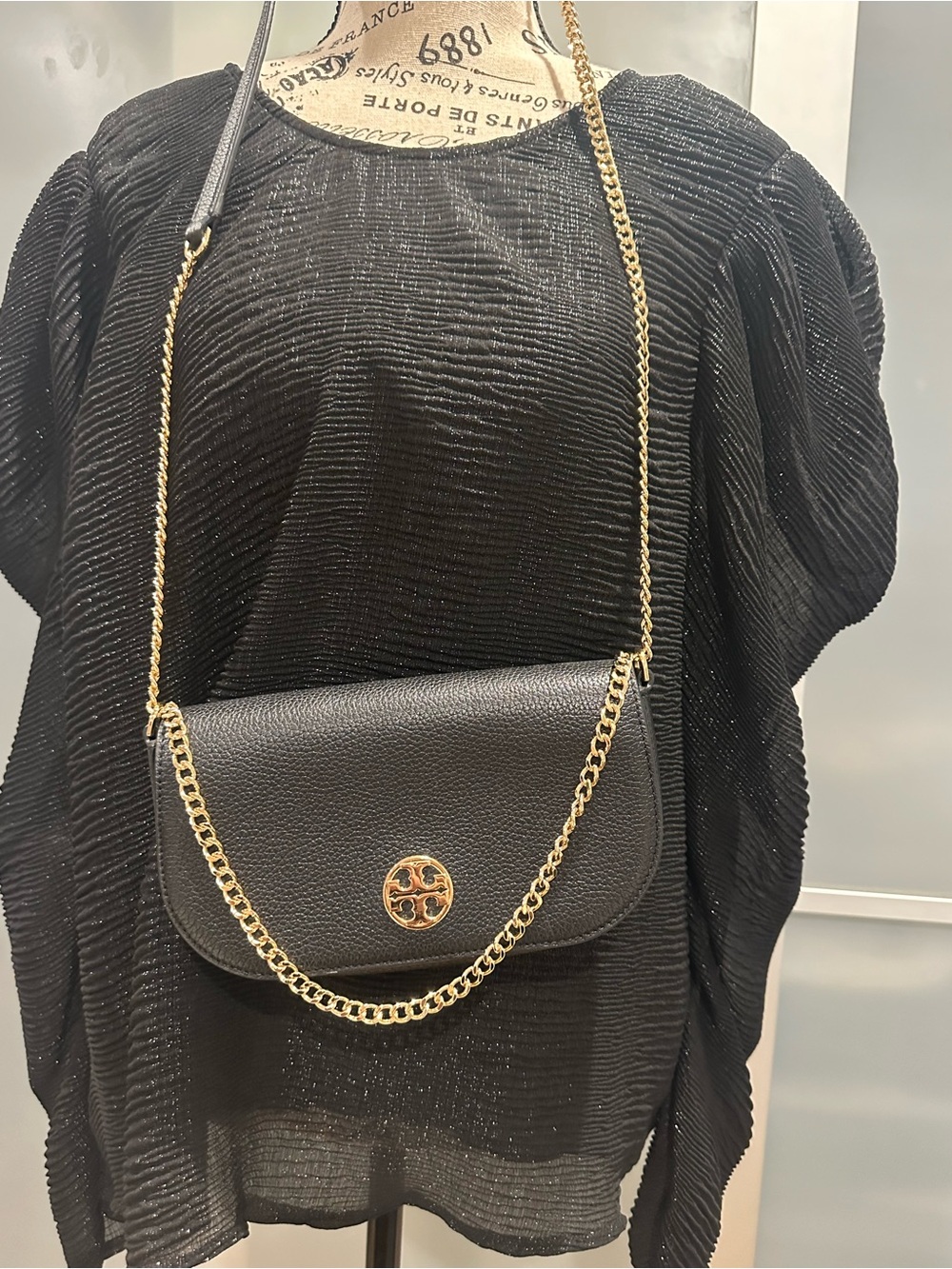 Tory Burch Black Pebbled Leather Crossbody with Gold Chain